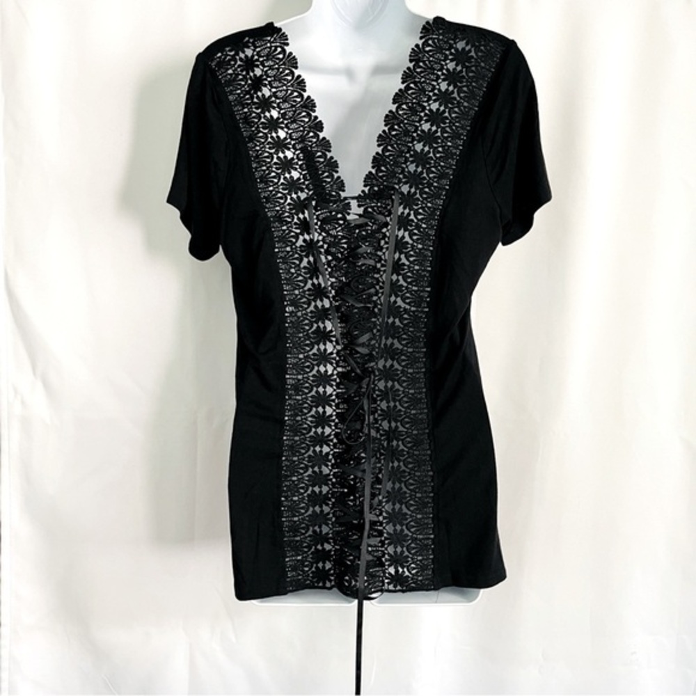 Black Tunic Top with Crochet Corset Tie Back